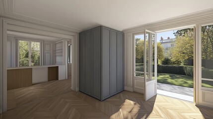 Fototapeta premium The modern minimalistic flat design incorporates a sleek white ceiling with spotlights and spacious walls, creating a serene interior setting.