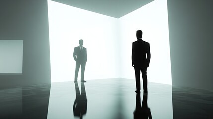 Fototapeta premium Silhouette of Two Businessmen in a Bright Modern Room: A Concept of Business Decisions and Future