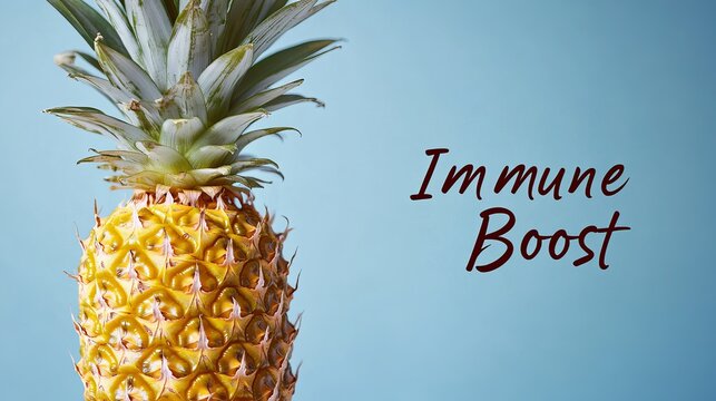 Fresh pineapple showcasing vibrant yellow color, promoting wellness with a text overlay about immune boosting. - Powered by Adobe