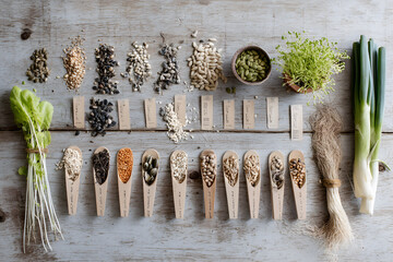 Diverse selection of seeds and sprouts arranged on wooden tabletop showcasing gardening essentials for cultivation