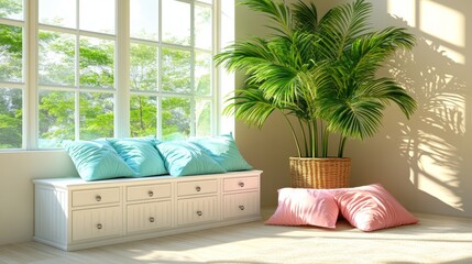A white chest topped with a beautiful arrangement of houseplants stands out in a sunlit living room, enhanced by a trendy wall backdrop.