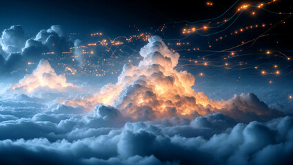 Ethereal glowing cloud formation in abstract data stream
