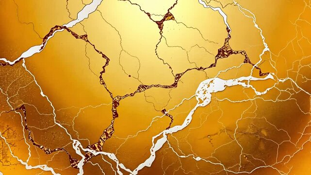 A golden surface with white and brown cracks running through it creating an abstract pattern