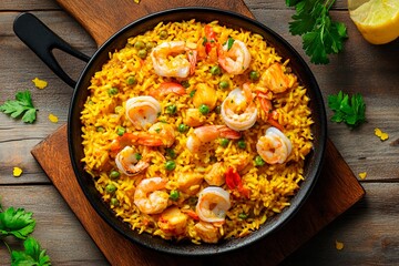 A vibrant dish of seafood paella showcases shrimp, fish, and colorful vegetables over seasoned rice. Fresh lemon and herbs enhance the presentation, inviting appetites