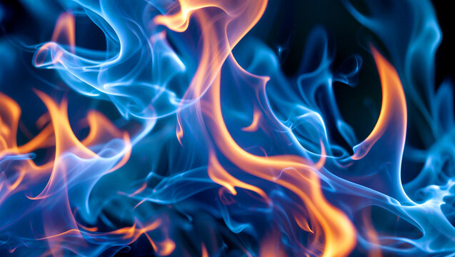 Ethereal iridescent blue flames in abstract swirls
