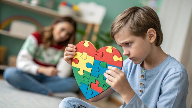 Child holding puzzle heart, child mental health concept, world autism awareness day, teen autism spectrum disorder awareness concept