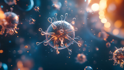 Bacterium floating in space with other microorganisms. microscopic view of big transparent bacterium with its tendrils, floating in space with other