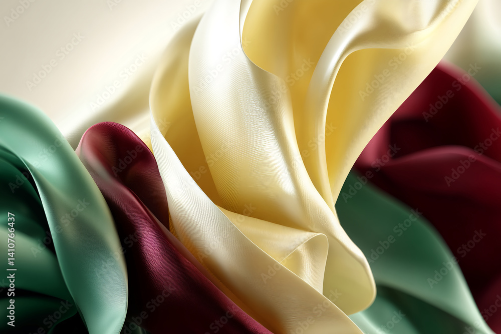 Aufkleber abstract image of flowing fabric in cream, burgundy, and green hues creating a dynamic, elegant comp
