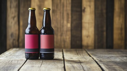 Two Craft Beer Bottles on Rustic Wooden Table Against a Wooden Wall Background, Mockup for Branding