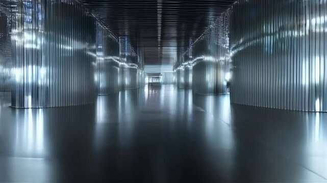 Walking Through Metallic Hallway with Polished Floor Reflections