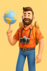 3D Cartoon Traveler Spinning Globe on Finger with Backpack and Camera