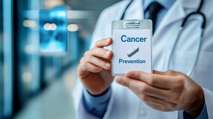 Male doctor holds a sign about cancer prevention, emphasizing health awareness and proactive measures.