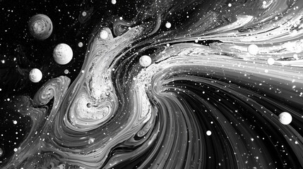 Abstract cosmic swirl in black and white with stars and planets

