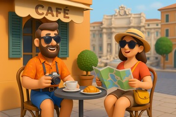 Cartoon Couple Enjoying Coffee at Outdoor Café with Map and Camera