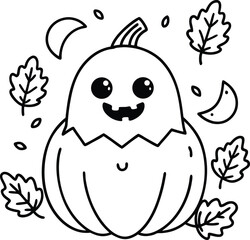Adorable Pumpkin Ghost Character with Autumn Leaves Cartoon Illustration