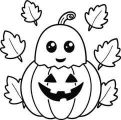 Adorable Pumpkin Ghost Character with Autumn Leaves Cartoon Illustration