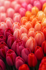 Obraz premium Close-up view of a vibrant collection of tulips arranged in a gradient of pink, orange, and red hues. The tulips are tightly clustered, showcasing a spectrum of colors