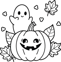 Adorable Pumpkin Ghost Character with Autumn Leaves Cartoon Illustration