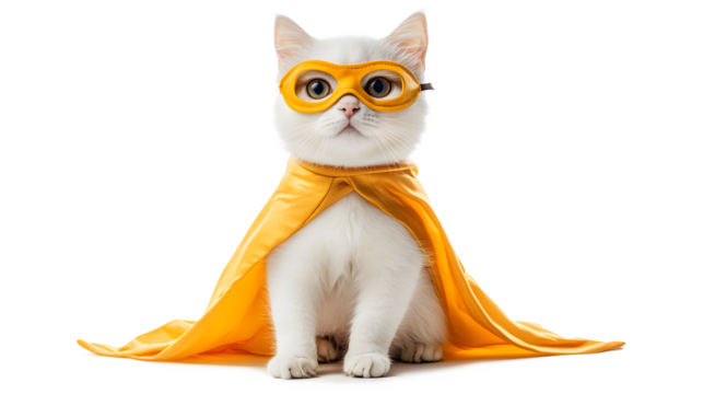 A white cat wearing a yellow cape and yellow goggles