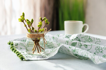 Rustic glass jar with fresh spring branches and coffee in cozy home interior with natural light.