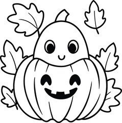Adorable Pumpkin Ghost Character with Autumn Leaves Cartoon Illustration