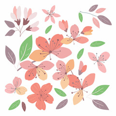 Set of sakura branches and flowers. Gray, green and pink colors. Soothing and elegant aesthetic, perfect for adding a touch of nature to any space of design. For  patterns, postcards, invintatins