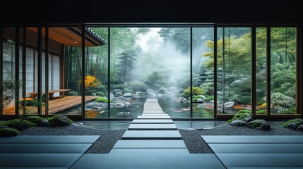 Modern Zen Garden with Stone Pathway and Indoor Reflections