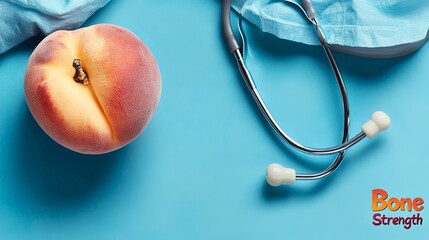 A close-up of a fresh peach next to a stethoscope on a bright blue background.