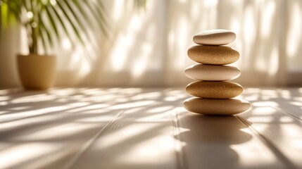 A beautifully arranged stack of smooth, neutral-toned rocks captures natural beauty and balance, offering a perfect backdrop for mindful decor and relaxation.