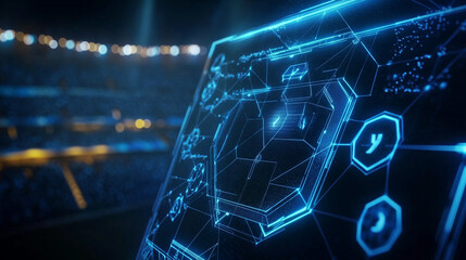 Futuristic digital interface glowing with vibrant blue light displaying complex network data over a blurred stadium backdrop at night Intricate design elements and technological details are