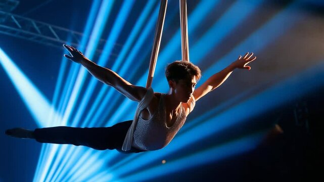 Aerialist performing a split in mid-air under spotlight
