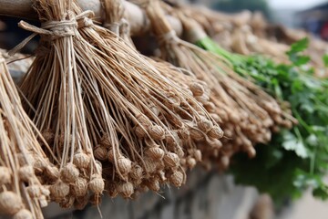 Bundles of dried herbs and plants, displaying a rustic aesthetic, ready for harvest.
