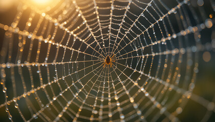Obraz premium Intricate spider web glistening with morning dew drops, showcasing its delicate structure against a blurred natural background.