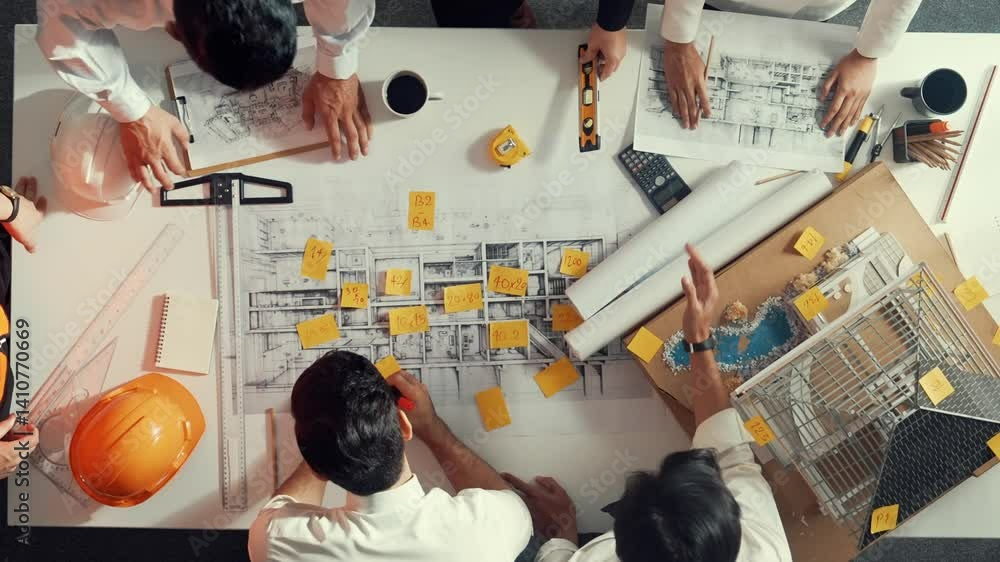 Aufkleber top down view of skilled engineer team talking while measuring house model. aerial view of group of 