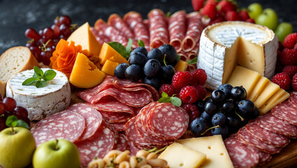 Gourmet charcuterie platter with meat cheese and fruit