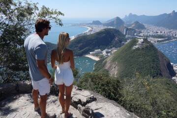 Couple admiring a stunning view of a coastal city from a scenic vantage point on a sunny day.