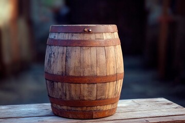 Naklejka premium A sturdy wooden barrel sits atop a weathered wooden table in a workshop. The background is softly blurred, emphasizing the barrel's texture and details, showcasing craftsmanship and history