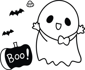 Cute Halloween Ghost with Pumpkin and Bats Cartoon Illustration