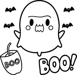 Cute Halloween Ghost with Pumpkin and Bats Cartoon Illustration