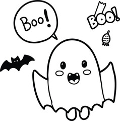 Cute Halloween Ghost with Pumpkin and Bats Cartoon Illustration