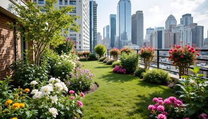 Fototapeta premium Vibrant Rooftop Garden with City Skyline in Bright Daylight