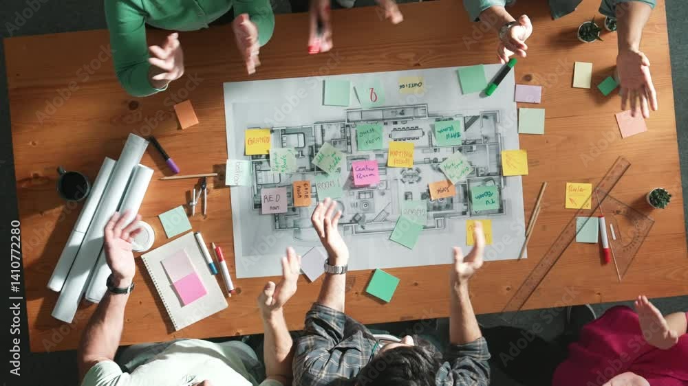 Poster top down view of business people working together and clapping hands. aerial view of architect engin