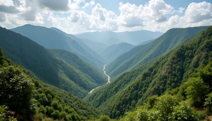 Naklejka premium Thrilling Journey Through Lush Green Mountains and Serene Valleys