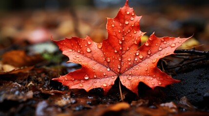 Fototapeta premium Red maple leaf with water droplets close up