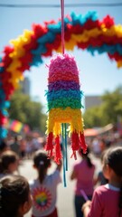 A vibrant  Pinata  swings under a decorative arch adorned with papel picado, as excited children stand around, filled with anticipation for the fun ahead.
