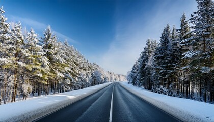 Obraz premium winter landscape with asphalt roadforest and blue sky