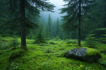 Foggy forest in the mountains