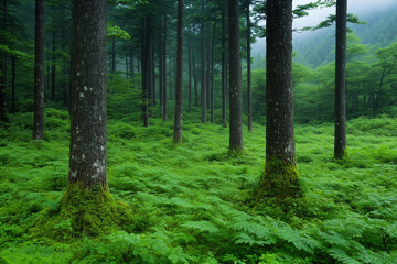 Obraz premium Morning mist in the forest with trees and fern