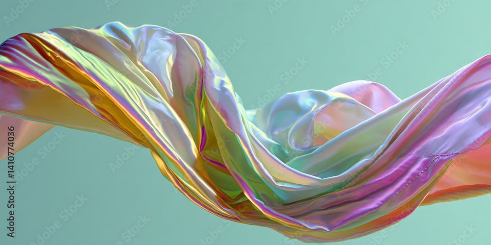 Poster Iridescent fabric flowing dynamically, creating abstract shapes and showcasing smooth texture and color transitions, symbolizing elegance, movement, and fluidity
