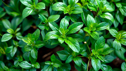 Lush green centella asiatica plants close up view